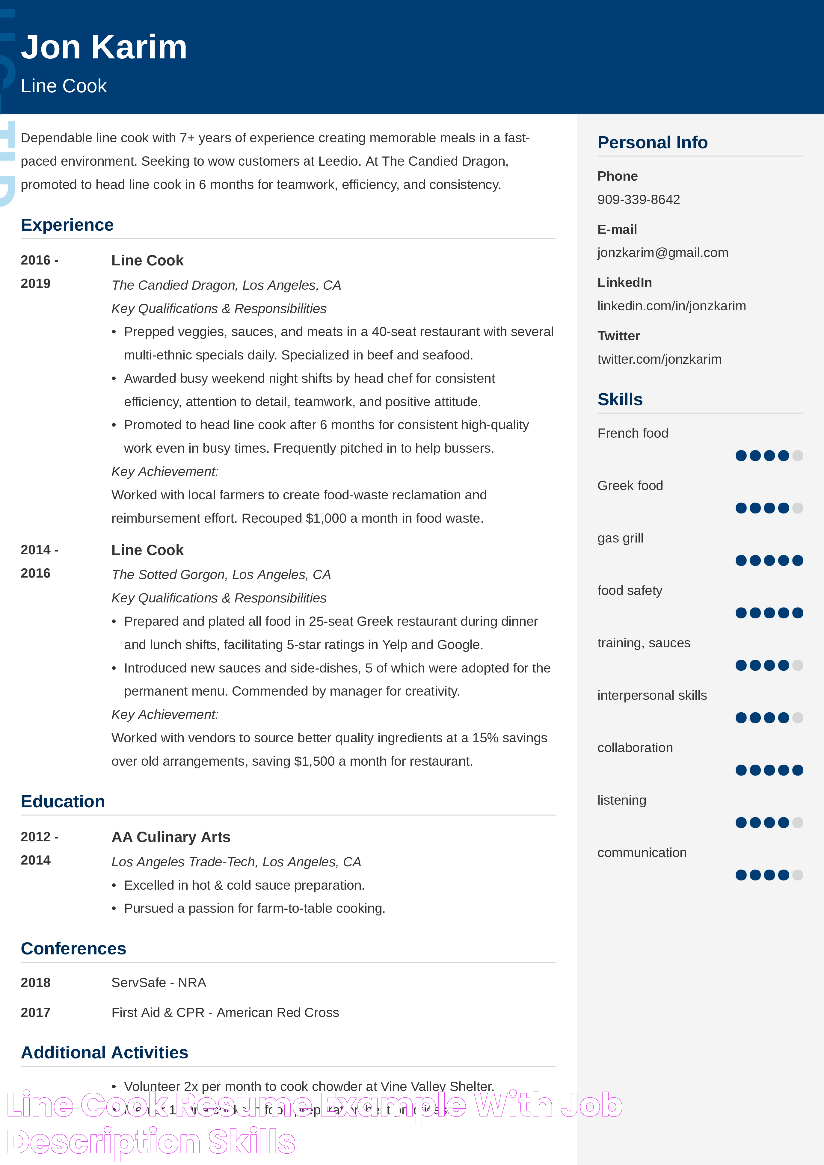 Line Cook Resume Example with Job Description & Skills