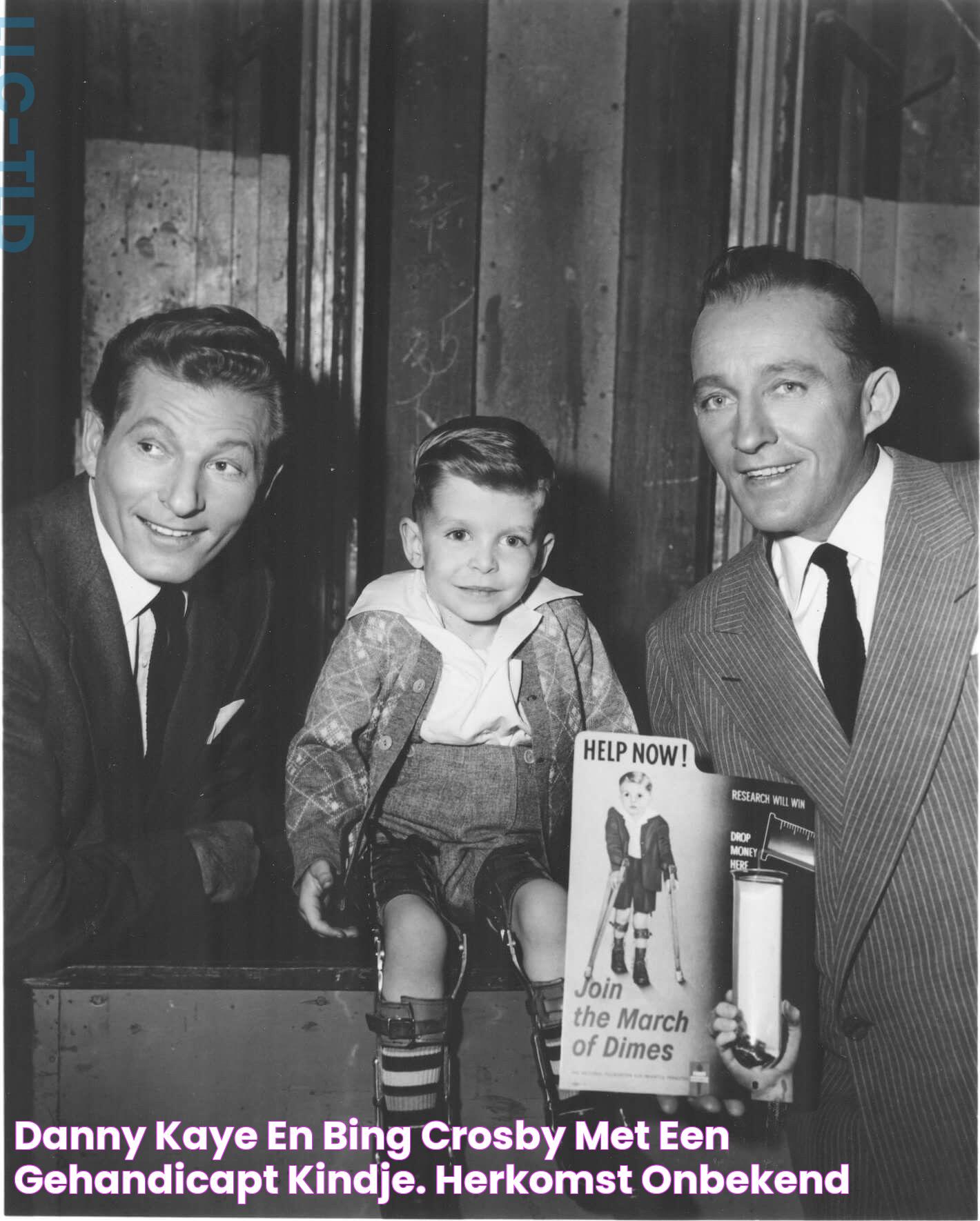 Danny Kaye en Bing Crosby met een gehandicapt kindje. Herkomst onbekend