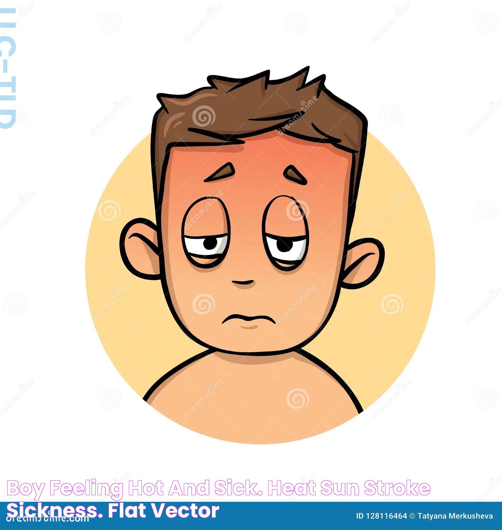 Boy Feeling Hot And Sick. Heat, Sun Stroke, Sickness. Flat Vector