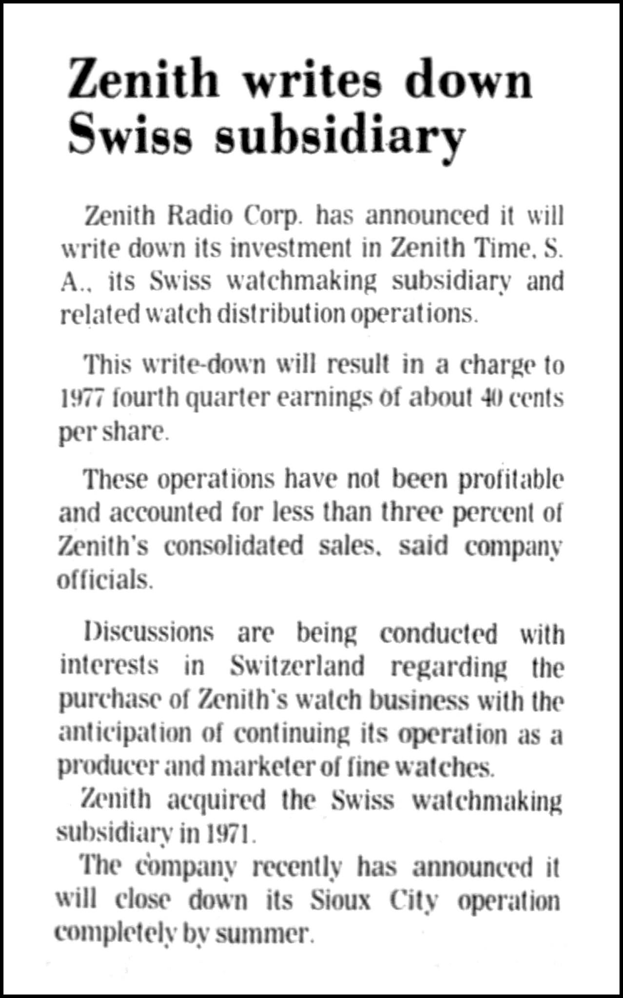 Zenith SwissMade Watches Zenith Radio Corporation Writes Down Its