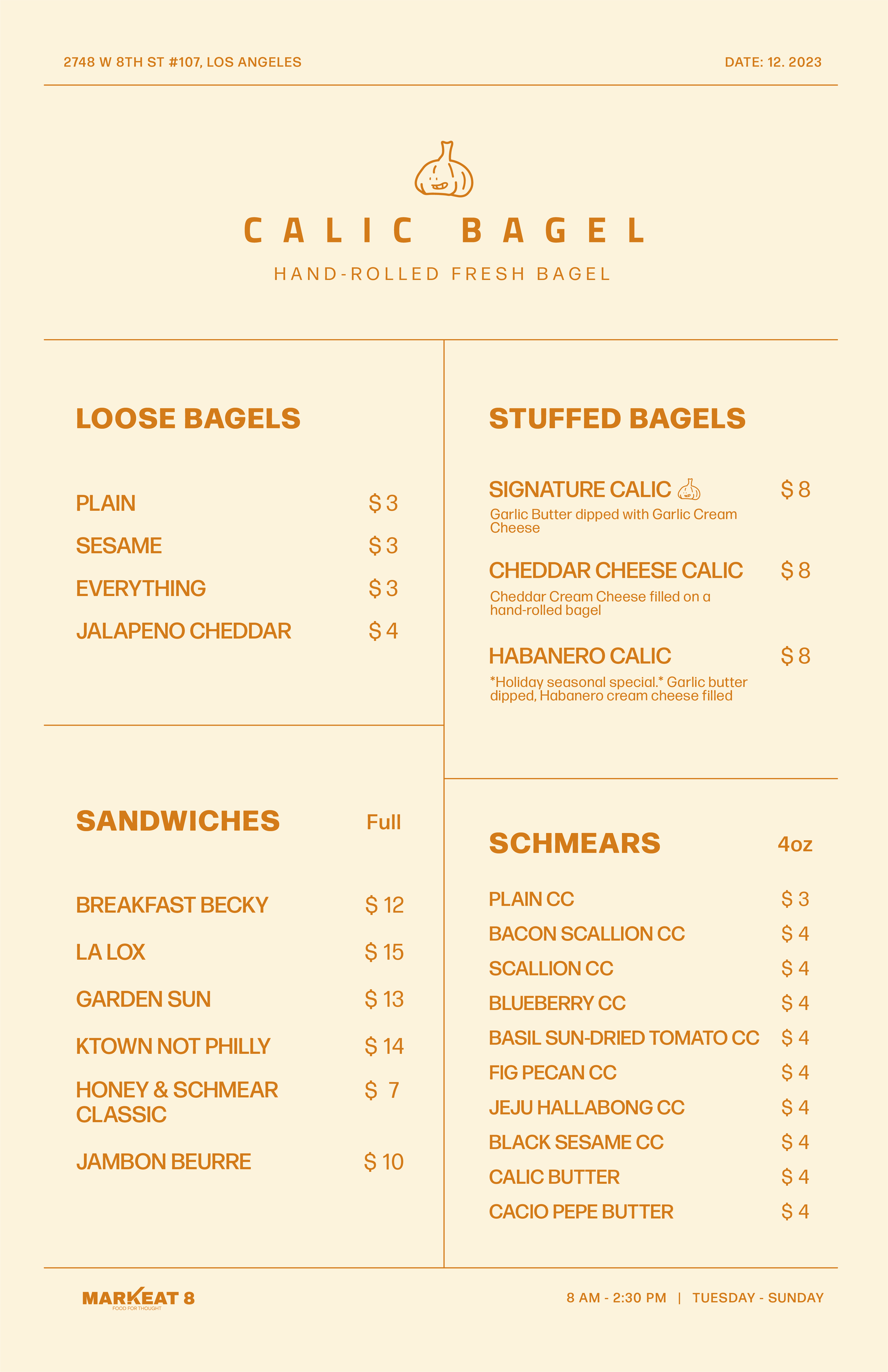 Calic Bagel Menu — ALMG HOSPITALITY