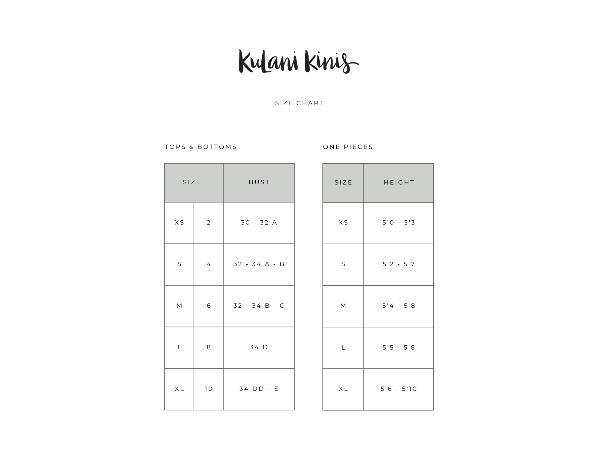 Kulani Kinis Size Chart Coastline Swimwear + Lifestyle