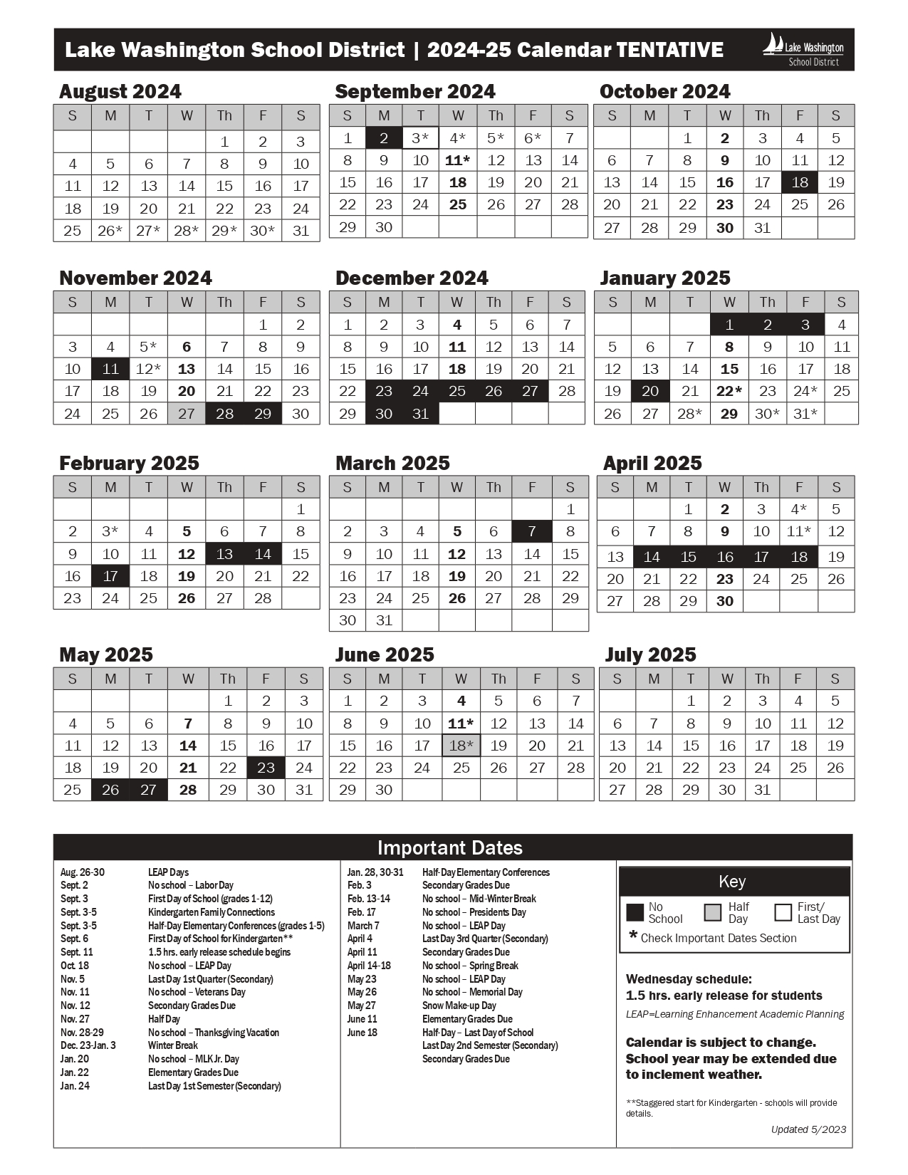 Lake Washington School District Calendar 20242025 [PDF]